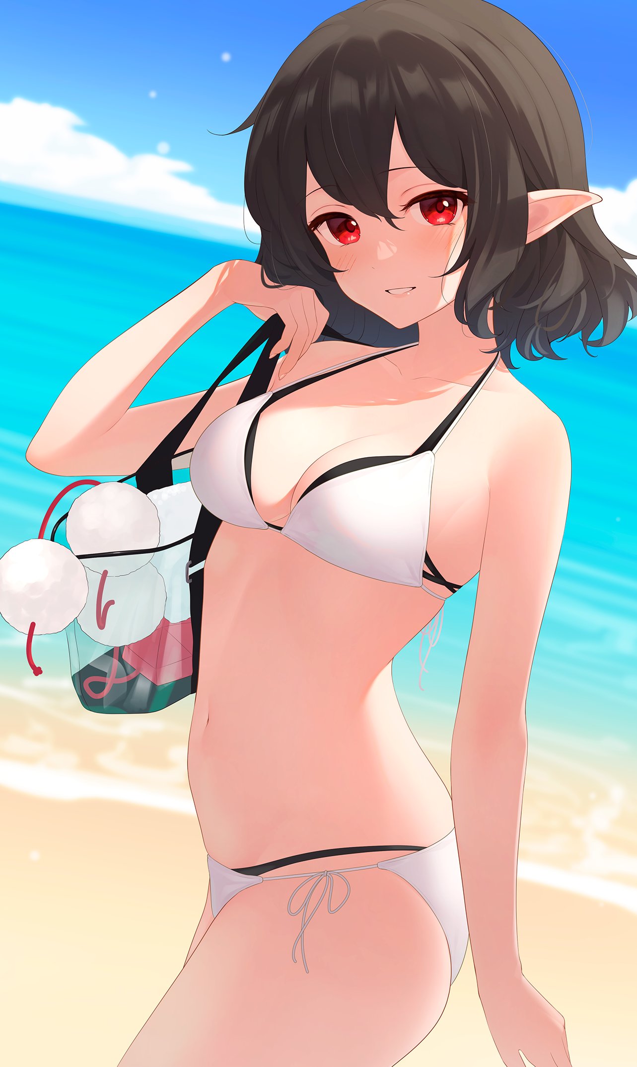 1girl :d arm_up ayane_(blue_archive) ayane_(swimsuit)_(blue_archive) bag bangs bare_shoulders beach bikini black_hair blue_archive blue_sky blush breasts brown_hair cleavage closed_mouth cloud cloudy_sky collarbone grin hair_between_eyes hand_up highres kanpa_(campagne_9) looking_at_viewer medium_breasts navel no_hat no_headwear ocean pointy_ears pom_pom_(clothes) red_eyes sand see-through shameimaru_aya short_hair shoulder_bag sky smile solo standing string_bikini swimsuit teeth touhou water waves white_bikini