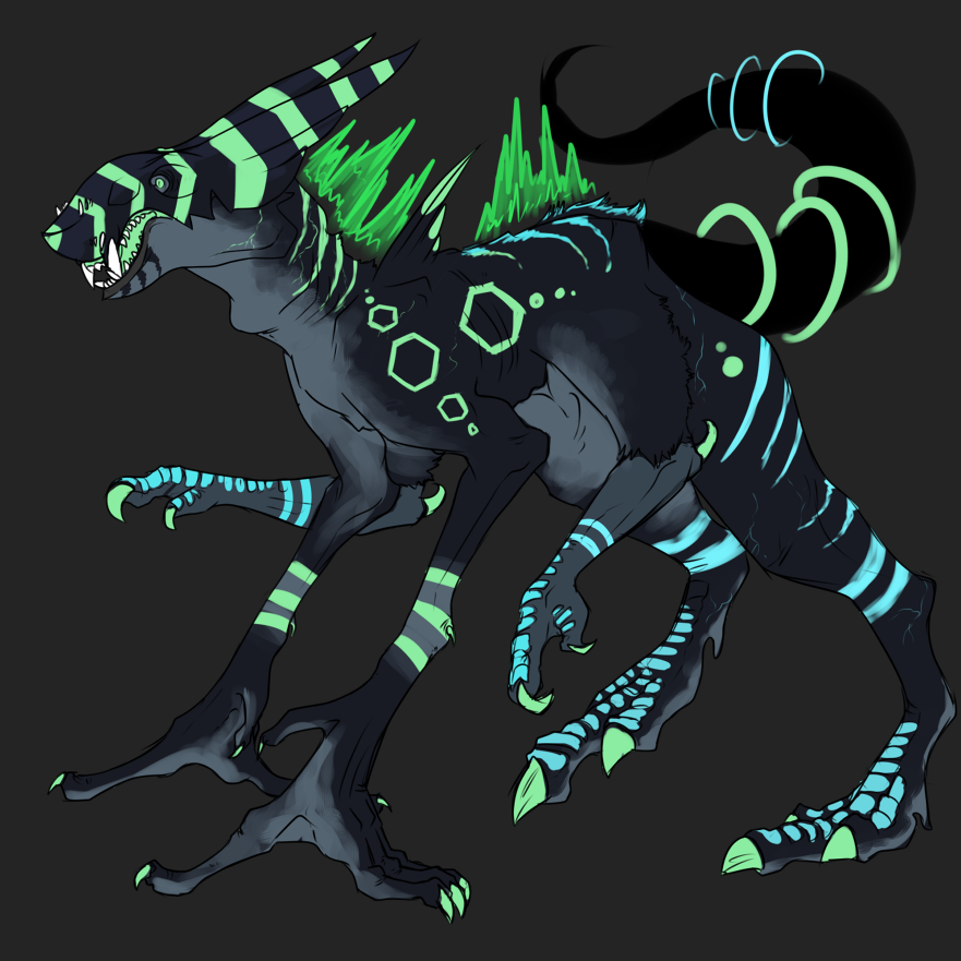 1:1 ambiguous_gender back_stripes big_fangs black_body black_tail blue_body blue_stripes claws green_body green_claws green_eyes green_stripes green_tongue grey_body imperatorcaesar open_mouth sharp_teeth side_view simple_background solo striped_legs stripes teeth tongue wide_eyed