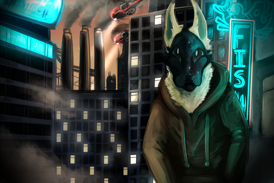 aircraft anthro black_mask brown_clothing brown_hoodie brown_topwear building chimney city clothing front_view fur grey_inner_ear helicopter hoodie imperatorcaesar male mask neon_lights solo topwear white_body white_ears white_fur window