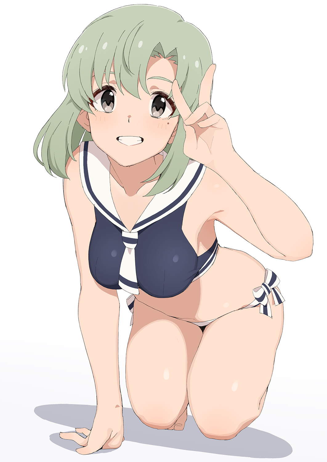 1girl all_fours arm_support bangs black_swimsuit bow breasts check_commentary collarbone commentary_request green_hair grey_eyes grin hand_up highres idolmaster idolmaster_million_live! light_blush looking_at_viewer medium_breasts mole mole_under_eye nanakura_nanane neckerchief sailor_collar sailor_swimsuit_(idolmaster) shiika_(idolmaster) short_hair smile solo stomach swimsuit teeth thighs v white_background white_neckerchief white_sailor_collar