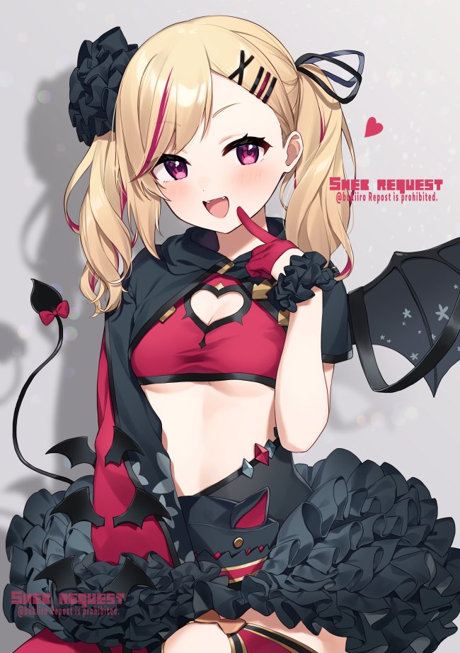 1girl :d asymmetrical_sleeves black_ribbon black_skirt blonde_hair blush breasts cleavage cleavage_cutout clothing_cutout commentary commission copyright_request crop_top demon_girl demon_tail demon_wings fangs frilled_skirt frills gloves grey_background hair_ornament hair_ribbon hairclip half_gloves hand_up heart heart_cutout long_hair long_sleeves looking_at_viewer multicolored_hair purple_eyes purple_hair red_gloves ribbon shadow short_sleeves shrug_(clothing) single_wing skeb_commission skirt sleeves_past_fingers sleeves_past_wrists small_breasts smile solo streaked_hair tail tail_raised twintails twitter_username wings x_hair_ornament yamabukiiro