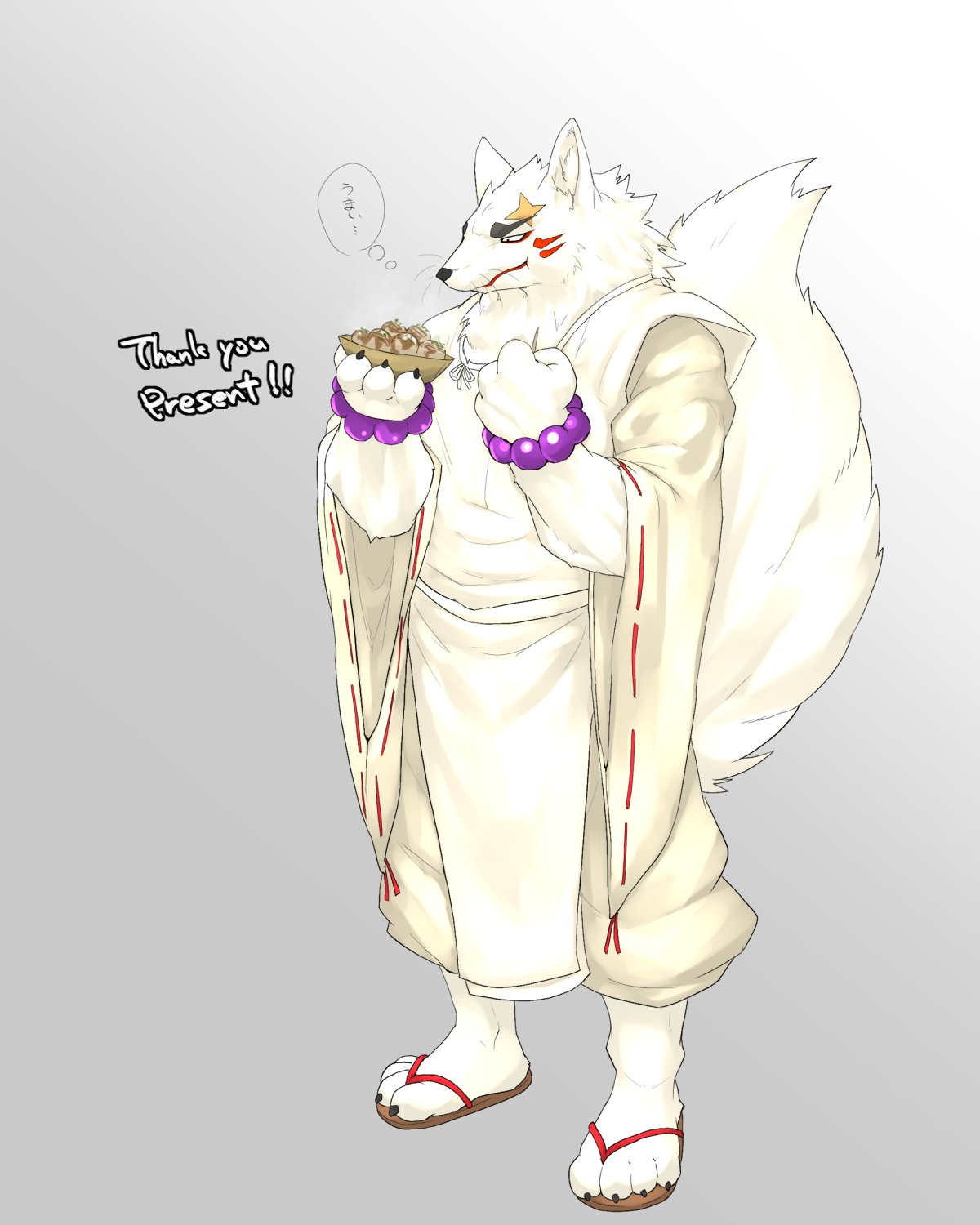 anthro canid canine captainjohkid clothed clothing food footwear fox fur gingitsune gintaro hi_res male mammal sandals solo white_body white_clothing white_fur