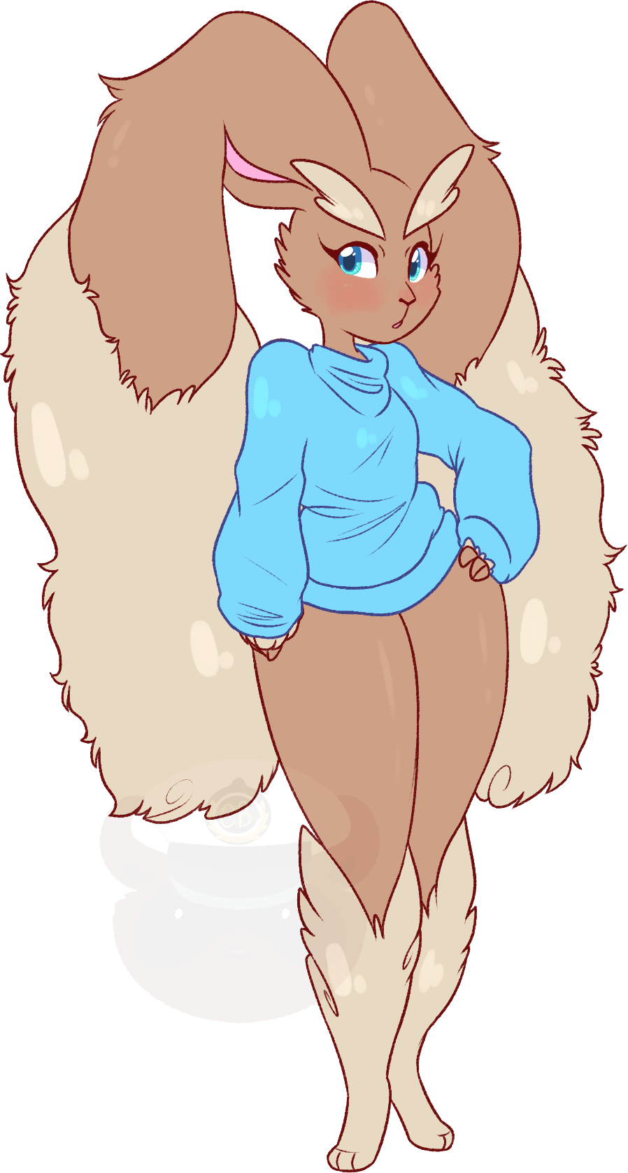 anthro blue_clothing blue_eyes blue_sweater blue_topwear bottomless brown_body brown_ears brown_fur captainbutter clothed clothing eyebrows fur hand_on_hip hi_res lopunny nintendo pok&eacute;mon pok&eacute;mon_(species) pose solo sweater topwear video_games