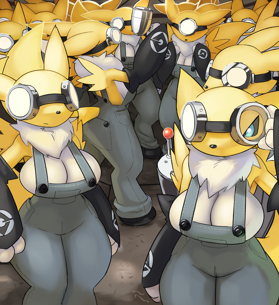 2022 anthro bandai_namco breasts canid canine clothed clothing crossover despicable_me digimon digimon_(species) eyewear female fox glasses goggles group hybrid illumination_entertainment mammal minion_(despicable_me) ozoneserpent renamon