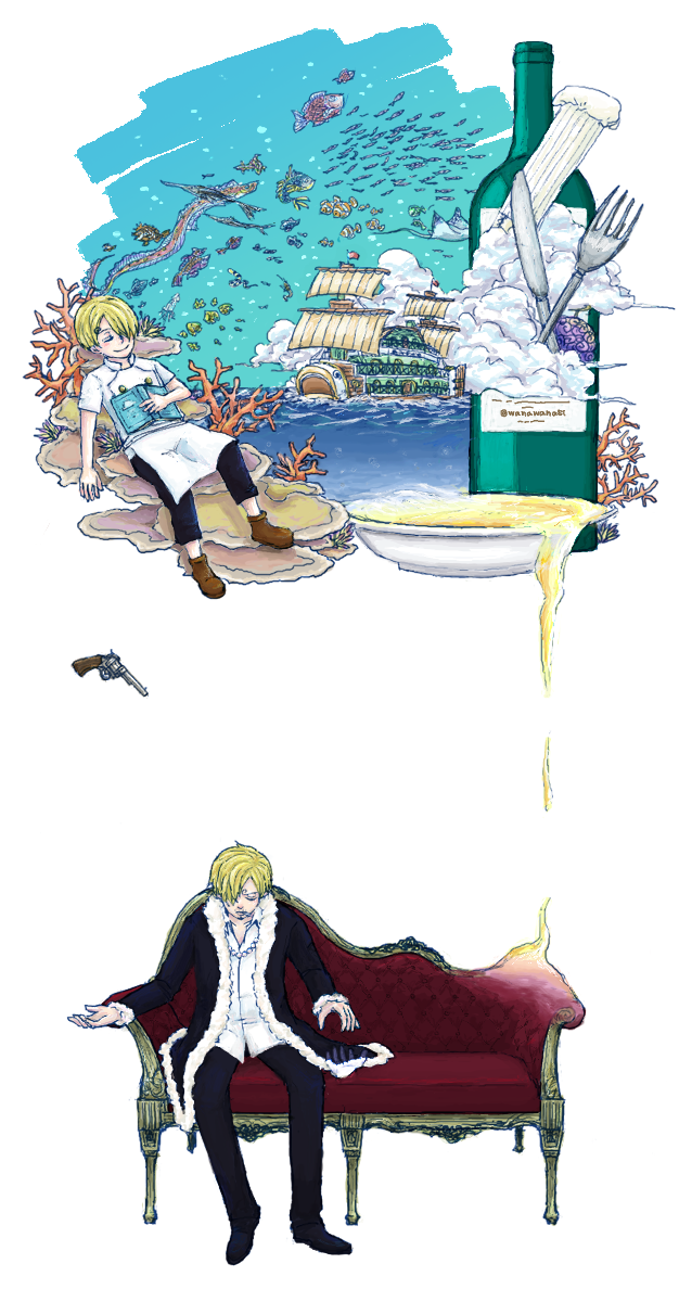 alcohol apron black_pants blonde_hair book chef_hat cloud coat coral coral_reef couch food fork fur-trimmed_coat fur_trim gun hair_over_one_eye handgun hat highres holding holding_book knife male_focus ocean one_piece open_clothes open_coat pants sanji ship shirt sitting smile soup surreal wanawana watercraft weapon white_shirt wine younger