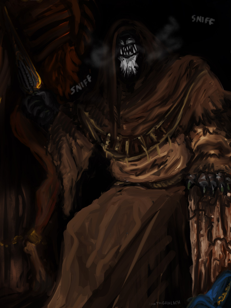 2022 anthro baothghalach black_background breath canid canine canis clothing dagger elden_ring fangs fromsoftware fur grey_body grey_fur gurranq_(elden_ring) hi_res holding_dagger male mammal melee_weapon robe simple_background sniffing solo video_games weapon wolf