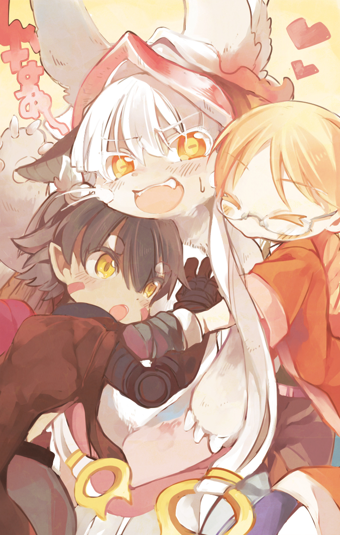 &gt;_&lt; 1boy 1girl 1other :o animal_ears arm_up blonde_hair bright_pupils brown_cape brown_fur brown_gloves brown_hair cape catchphrase chachi_(azuzu) closed_eyes clothes_pull cowboy_shot facial_mark fangs female_child furry gloves grey_hair grey_pants hair_between_eyes hand_on_another's_chest heart helmet jacket long_hair made_in_abyss male_child mechanical_arms nanachi_(made_in_abyss) open_mouth orange_eyes pants pants_pull pointy_ears red_headwear red_jacket regu_(made_in_abyss) riko_(made_in_abyss) short_hair short_sleeves symbol_in_eye teeth translation_request upper_teeth v-shaped_eyebrows yellow_background yellow_eyes