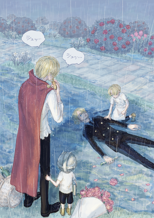 4boys alternate_costume apron black_pants black_suit blonde_hair bouquet cape child flower formal from_behind helmet long_sleeves lying male_focus multiple_boys multiple_persona on_back one_piece pants rain red_cape rose sanji shirt short_sleeves speech_bubble suit time_paradox wanawana white_shirt