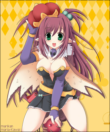 1girl alchemist_(ragnarok_online) bangs blue_gloves blush boots breasts brown_cape brown_footwear brown_hair cape cleavage crown dress elbow_gloves fingerless_gloves full_body fur_collar gloves green_eyes hair_between_eyes hair_bobbles hair_ornament kawai_maria large_breasts long_hair looking_at_viewer lowres open_mouth pointy_ears ragnarok_online short_dress smile solo strapless strapless_dress two_side_up yellow_background