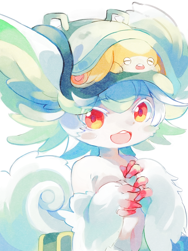 1girl animal_ears blush_stickers chachi_(azuzu) curled_tail furrification furry green_hair green_headwear hands_up hat in_hat looking_at_viewer made_in_abyss meinya_(made_in_abyss) open_mouth pouch prushka_(furry) red_eyes simple_background smile solo tail teeth topless upper_body upper_teeth white_background white_fur