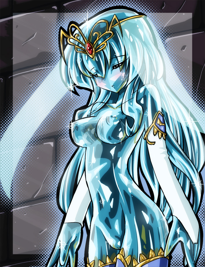 aoba_(aunana) blush branmarker breasts bridal_gauntlets circlet commentary_request crystal geena jewelry long_hair medium_breasts nude petrification pussy solo transparent uncensored veil