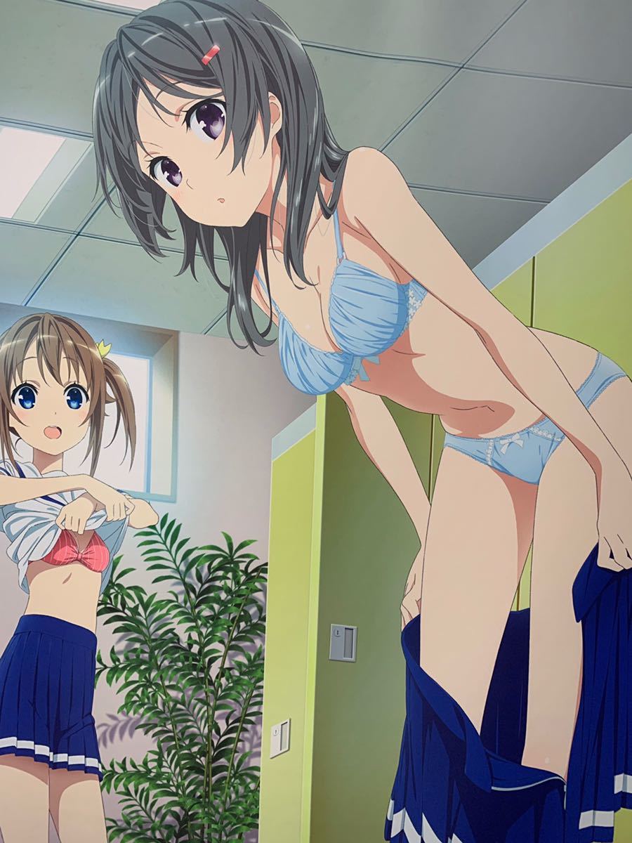 2girls bangs black_eyes blue_bra blue_eyes blue_panties blue_skirt bow bow_panties bra breasts brown_hair china_moeka clothes_lift clothes_pull grey_hair hair_ornament hair_ribbon hairclip high_school_fleet highres indoors lace-trimmed_panties lace_trim leaning_forward lifted_by_self locker locker_room looking_at_viewer medium_breasts medium_hair miniskirt misaki_akeno multiple_girls navel official_art open_clothes open_mouth open_skirt panties parted_lips pink_bra plant pleated_skirt pulled_by_self ribbon school_uniform shirt_lift short_hair short_twintails single_horizontal_stripe skirt skirt_pull small_breasts smile standing twintails underwear undressing window yellow_ribbon yokosuka_girls_marine_high_school_uniform