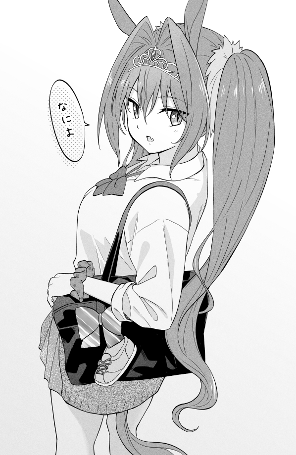 1girl animal_ears bag bangs bow bowtie breasts collared_shirt daiwa_scarlet_(umamusume) fang greyscale hair_intakes horse_ears horse_girl horse_tail long_hair long_sleeves looking_at_viewer looking_to_the_side medium_breasts monochrome open_mouth school_bag scrunchie shibasaki_shouji shirt shoulder_bag skin_fang skirt slit_pupils solo speech_bubble standing tail tiara translation_request twintails umamusume wrist_scrunchie