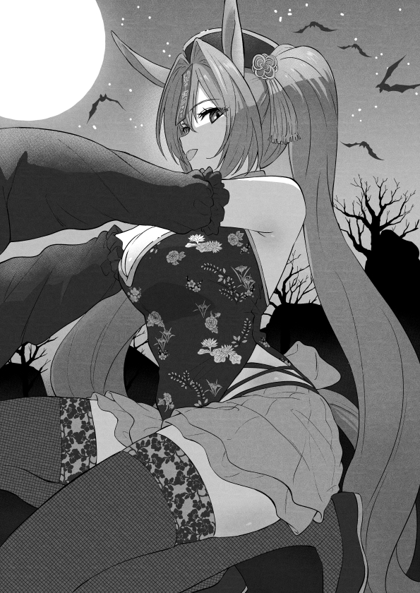 1girl alternate_costume animal_ears bangs bare_shoulders bat_(animal) breasts cleavage daiwa_scarlet_(umamusume) detached_sleeves flats full_moon greyscale hair_intakes hat horse_ears horse_girl horse_tail jiangshi_costume large_breasts long_hair looking_at_viewer monochrome moon ofuda one_knee outdoors outstretched_arms qing_guanmao shibasaki_shouji shirt skirt sleeveless sleeveless_shirt solo tail thighhighs tongue tongue_out twintails umamusume very_long_hair