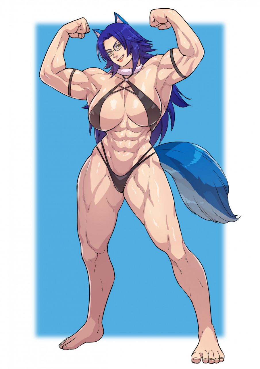 abs animal_humanoid biceps big_breasts big_muscles bikini blue_body blue_fur breasts canid canid_humanoid canine canine_humanoid cirenk clothing eyewear female flexing fur glasses hi_res hopey humanoid mammal mammal_humanoid muscular muscular_female solo standing swimwear wolf_humanoid