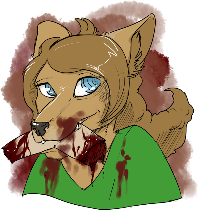 anthro black_nose blood blue_eyes bodily_fluids brown_body brown_ears brown_fur brown_inner_ear brown_inner_ear_fluff canid clothing colored_sketch female fur glistening glistening_eyes glistening_nose gore green_clothing green_topwear imperatorcaesar inner_ear_fluff looking_aside mammal sketch solo teeth topwear tuft