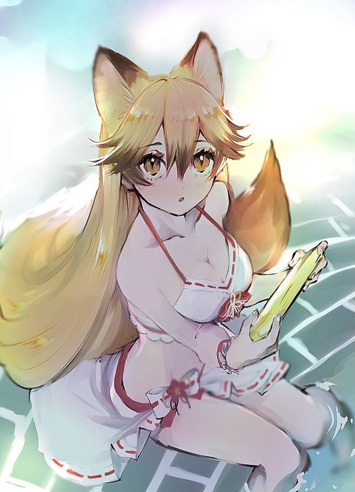 1girl animal_ears bare_legs bare_shoulders bikini bikini_skirt brown_hair collarbone commentary_request extra_ears ezo_red_fox_(kemono_friends) fox_ears fox_girl fox_tail hair_between_eyes kemono_friends kemono_friends_3 long_hair looking_at_viewer multicolored_hair nan_okitsune nintendo_switch official_alternate_costume orange_eyes orange_hair partially_submerged sitting skirt sleeveless solo swimsuit tail white_bikini white_skirt