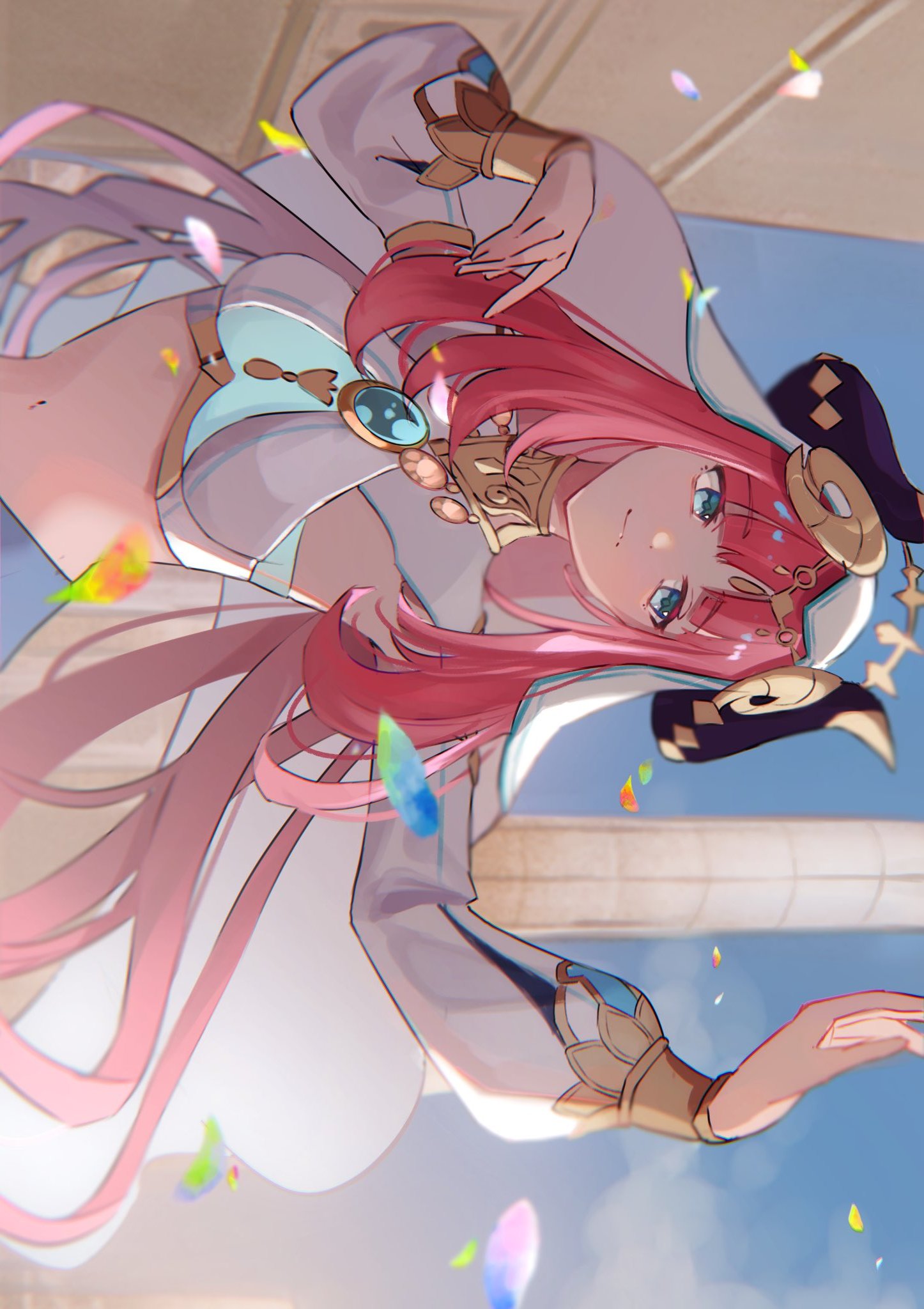 1girl arm_up backlighting bangs blurry blurry_background breasts closed_mouth column crop_top facial_mark falling_petals forehead_mark genshin_impact gold_trim grey_gemstone grey_skirt hand_up highres horns jewelry long_hair long_sleeves medium_breasts midriff necklace nilou_(genshin_impact) outdoors petals pillar pink_eyes pink_hair puffy_long_sleeves puffy_sleeves sheep_horns shirt sidelocks sideways sideways_glance skirt solo split_mouth tight upper_body white_shirt wind yui_4293
