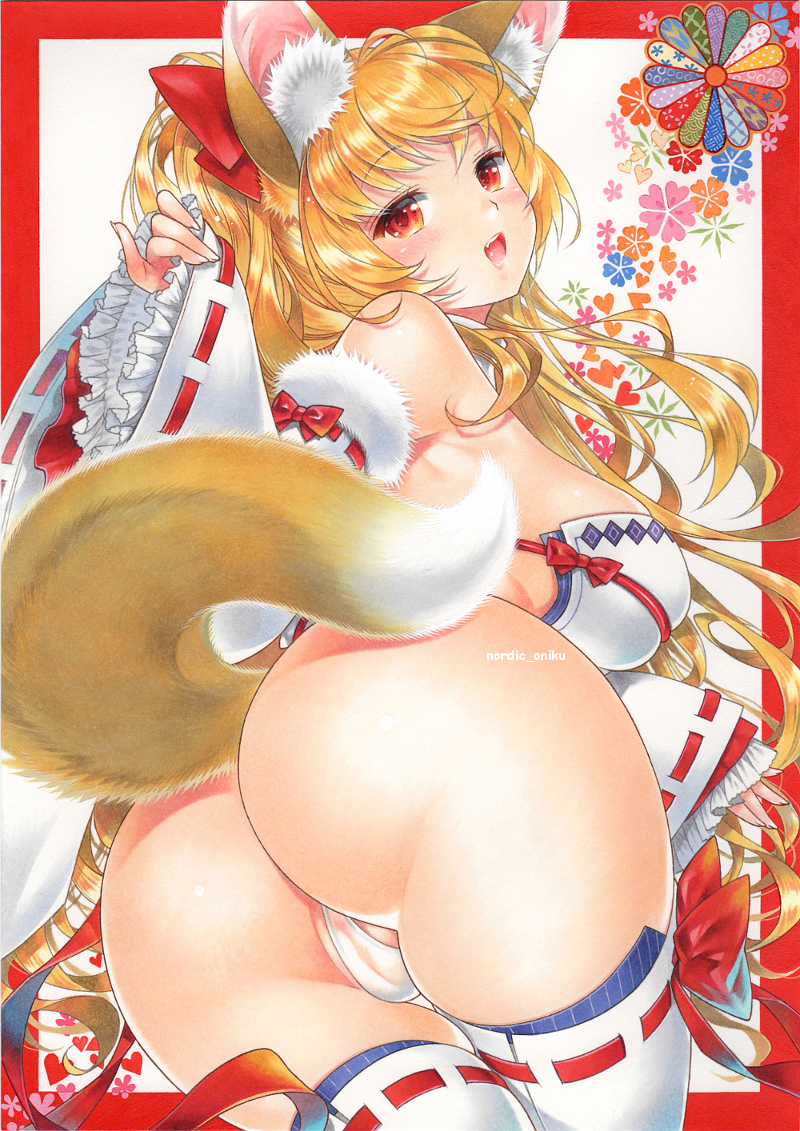 &lt;3 5_fingers abstract_background accessory animal_humanoid armwear bare_shoulders bent_over big_breasts big_butt biped blonde_hair blush bow_(feature) bow_ribbon breasts butt camel_toe canid canid_humanoid canine canine_humanoid clothed clothing clothing_bow colored colored_nails detached_sleeves digital_media_(artwork) dipstick_ears dipstick_tail eyelashes female fingers fluffy fluffy_tail fox_humanoid fur fur_trim_(clothing) glistening glistening_body glistening_butt glistening_eyes glistening_hair glistening_skin hair hair_accessory hair_bow hair_ribbon halterneck humanoid humanoid_hands inner_ear_fluff legwear light_body light_skin long_hair looking_at_viewer looking_back looking_back_at_viewer mammal mammal_humanoid markings monotone_hair multicolored_body multicolored_ears multicolored_fur multicolored_tail nails nordic_niku open_mouth open_smile panties pantsless pink_inner_ear portrait pupils rear_view red_bow red_eyes red_ribbon ribbons shaded skimpy smile solo tail_markings teeth thigh_highs three-quarter_portrait tongue topwear tuft two_tone_body two_tone_ears two_tone_fur two_tone_tail underwear white_armwear white_body white_clothing white_ears white_fur white_inner_ear_fluff white_legwear white_nails white_panties white_tail white_thigh_highs white_topwear white_underwear yellow_body yellow_ears yellow_fur yellow_tail