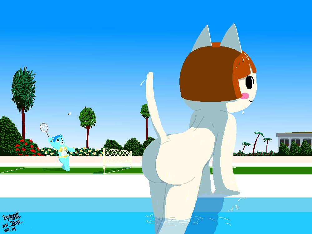 2021 animal_crossing anthro bent_over big_butt bikini bikini_bottom bikini_top blue_sky bluebear_(animal_crossing) blush brown_hair building butt clothed clothing domestic_cat dripping_wet felicity_(animal_crossing) felid feline felis female fur genitals grass hair looking_at_viewer mammal nintendo nonyammychoko nude outside palm_tree partially_clothed plant poolside presenting presenting_hindquarters pussy rear_view shaded shadow signature sky smile solo standing swimming_pool swimwear tree ursid video_games water water_drop wet white_body white_fur wide_hips