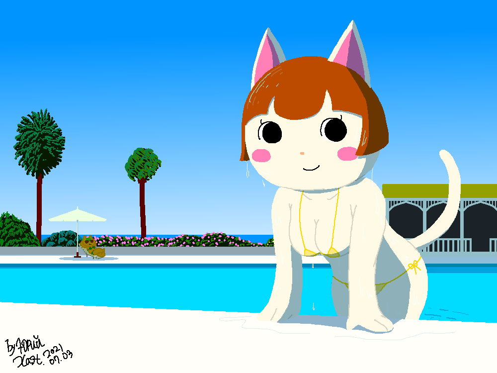 2021 animal_crossing anthro beach bent_over bikini bikini_bottom bikini_top blue_sky blush breasts brown_hair cleavage clothed clothing domestic_cat dripping dripping_wet eyewear felicity_(animal_crossing) felid feline felis female fur hair hand_behind_head hands_behind_head looking_at_viewer mammal nintendo nonyammychoko orange_nose outside partially_submerged plant poolside sea seaside shaded signature sitting sky smile solo standing sunglasses swimming_pool swimwear tangy_(animal_crossing) tree video_games water water_drop wet white_body white_fur wide_hips