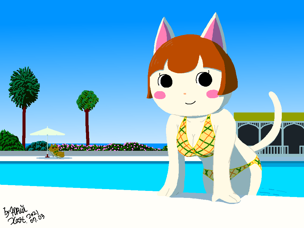 2021 animal_crossing anthro beach bent_over bikini bikini_bottom bikini_top blue_sky blush breasts brown_hair cleavage clothed clothing domestic_cat dripping eyewear felicity_(animal_crossing) felid feline felis female fur hair hand_behind_head hands_behind_head looking_at_viewer mammal nintendo nonyammychoko orange_nose outside partially_submerged plant poolside sea seaside shaded signature sitting sky smile solo standing sunglasses swimming_pool swimwear tangy_(animal_crossing) tree video_games water wet white_body white_fur wide_hips