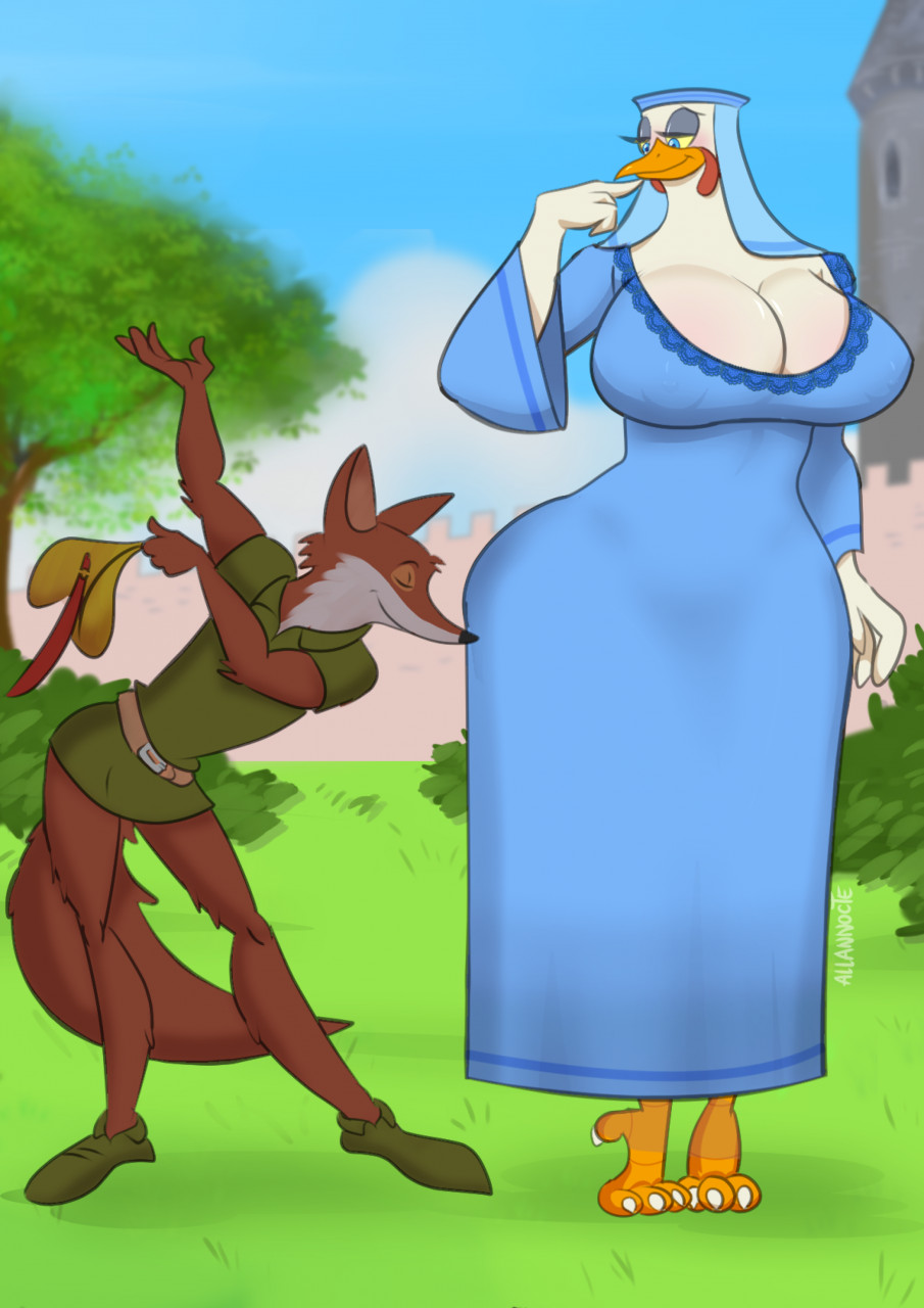 allannocte anthro avian beak big_breasts bird black_nose blush breasts canid canine chicken clothed clothing compliment disney duo female fox fur galliform gallus_(genus) hat headgear headwear hi_res lady_kluck male mammal open_mouth phasianid robin_hood robin_hood_(disney)