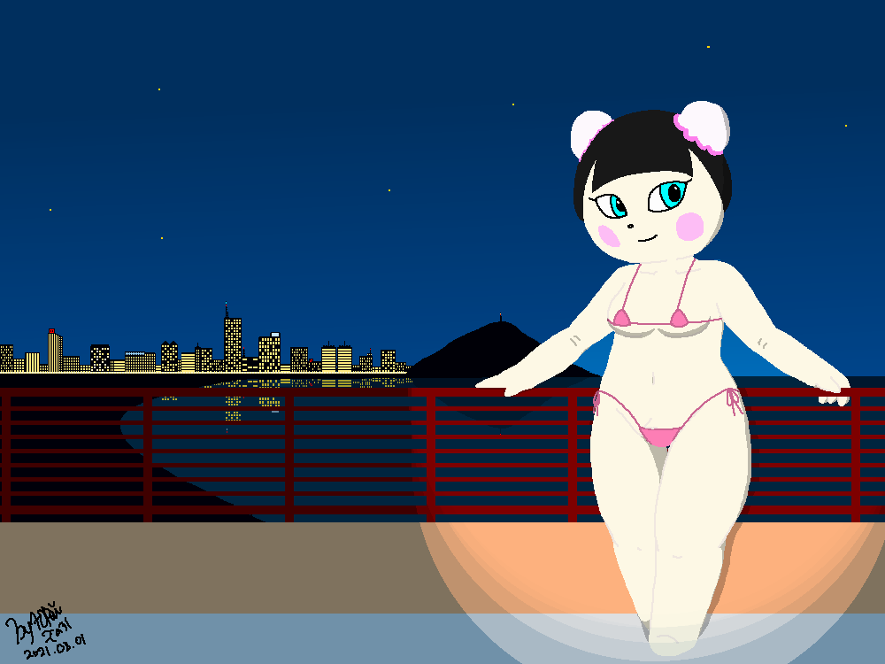 2021 animal_crossing anthro bikini bikini_bottom bikini_top black_hair blue_eyes blush breasts building city cityscape clothed clothing female fur hair light looking_at_viewer mammal medium_breasts navel night nintendo nonyammychoko outside pekoe_(animal_crossing) shaded signature sky smile solo standing star swimwear ursid video_games white_body white_fur wide_hips