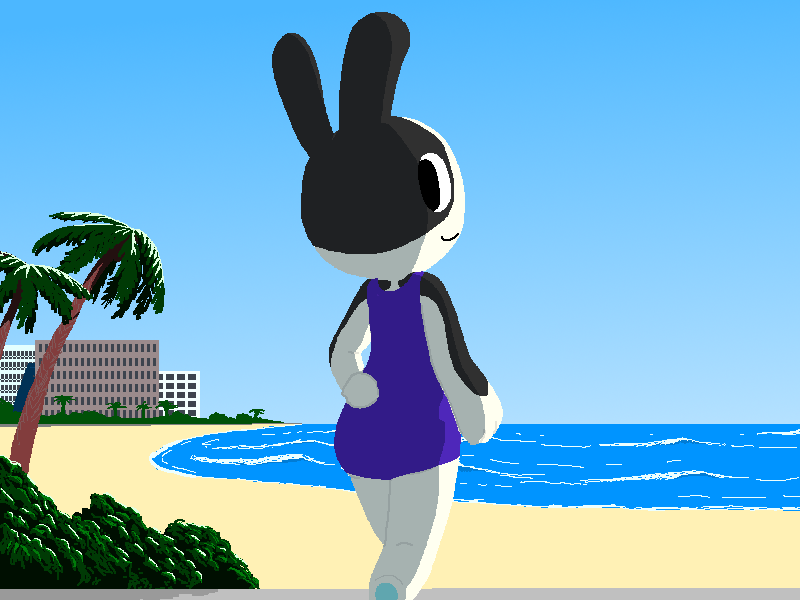 2022 :3 animal_crossing anthro beach big_butt black_body black_fur blue_pawpads blue_sky building bush_(disambiguation) butt clothed clothing domestic_rabbit dotty_(animal_crossing) dutch_rabbit feet female fur hand_on_hip lagomorph leporid looking_at_viewer looking_back mammal multicolored_body multicolored_fur nintendo nonyammychoko oryctolagus palm_tree pawpads paws plant rabbit rear_view sand sea seaside shaded shadow sky smile soles solo standing tree video_games water white_body white_fur wide_hips