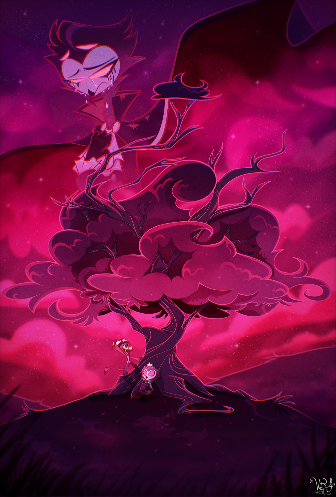 anthro avian bird blitzo_(helluva_boss) bodily_fluids book climbing climbing_tree crown crying detailed_background duo formal_clothing formal_wear frown helluva_boss hi_res hill hillside holding_book holding_object imp male owl owl_demon pink_eyes pink_sky plant sad sitting sky smile star starry_sky stolas_(helluva_boss) tears tree verushjaycee yellow_eyes young