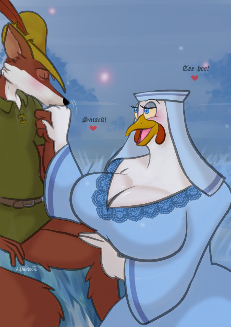 &lt;3 allannocte anthro avian beak big_breasts bird black_nose blush breasts canid canine chicken clothed clothing disney duo female fox fur galliform gallus_(genus) hat headgear headwear hi_res kissing_hand lady_kluck male mammal open_mouth phasianid robin_hood robin_hood_(disney) text