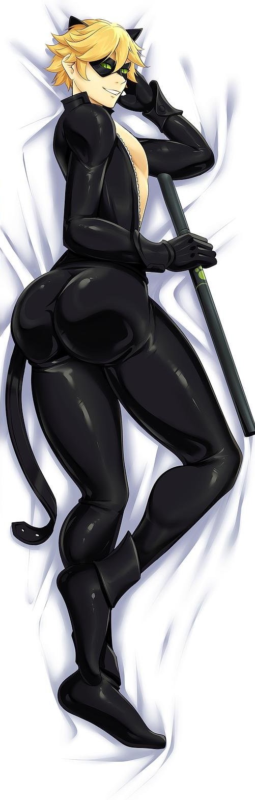 adrien_agreste blonde_hair bubble_butt butt cat_noir clothed clothing fully_clothed gasaiv green_eyes hair hi_res human looking_at_viewer looking_back lying male mammal miraculous_ladybug not_furry rubber rubber_clothing rubber_suit smile smiling_at_viewer solo tight_clothing tight_fit