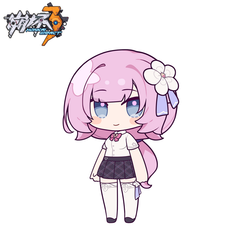 1girl bangs black_footwear black_skirt blush_stickers bow breasts chibi closed_mouth collared_shirt copyright_name dress_shirt elysia_(honkai_impact) eta flower full_body hair_flower hair_ornament heart honkai_(series) honkai_impact_3rd looking_at_viewer low_ponytail pink_bow pink_hair pleated_skirt ponytail school_uniform shirt shoes short_sleeves simple_background skirt small_breasts smile solo standing thighhighs white_background white_flower white_shirt