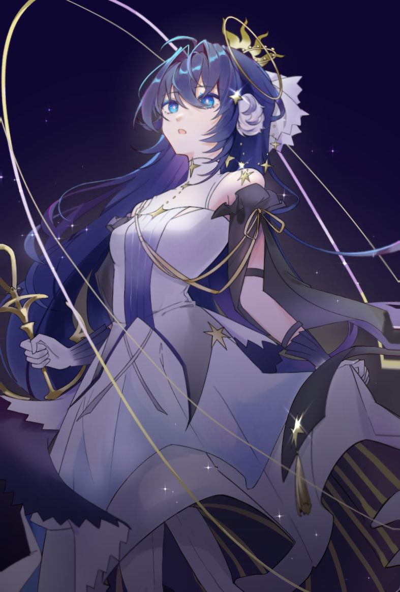 1girl arknights astesia_(arknights) astesia_(frlibre_on_the_palace)_(arknights) bare_shoulders blue_background blue_eyes blue_hair breasts bright_pupils dress feet_out_of_frame gloves hair_between_eyes hair_intakes hair_ornament holding iris769675331 long_hair official_alternate_costume open_mouth pantyhose simple_background small_breasts solo star_(sky) white_dress white_gloves white_pantyhose white_pupils