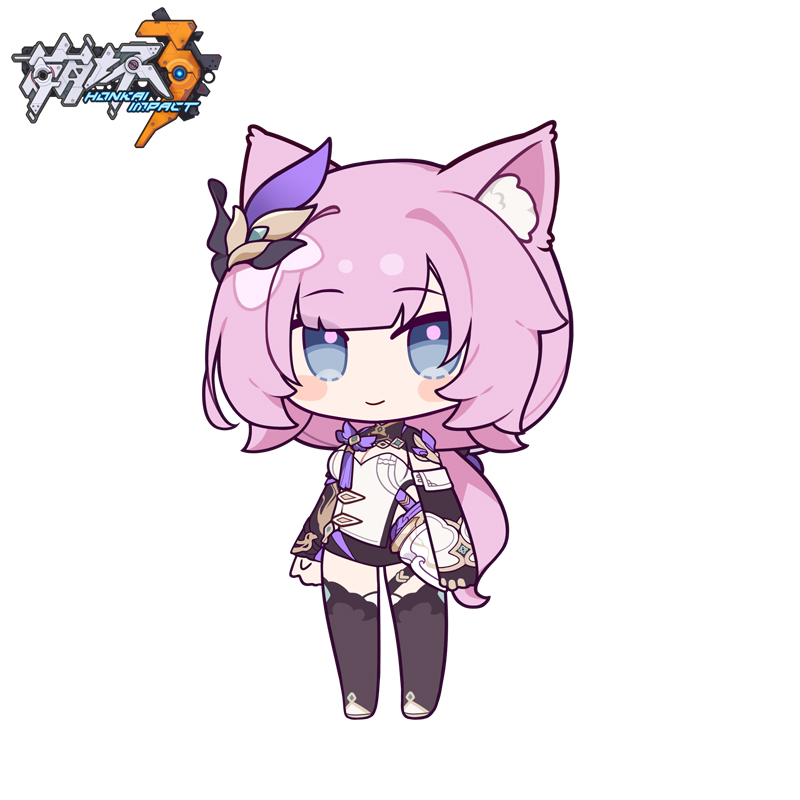 1girl animal_ear_fluff bangs black_shorts black_sleeves blush_stickers breasts chibi cleavage closed_mouth commentary_request copyright_name elysia_(honkai_impact) eta full_body honkai_(series) honkai_impact_3rd kemonomimi_mode long_sleeves looking_at_viewer low_ponytail pink_hair ponytail shirt short_shorts shorts simple_background sleeves_past_wrists small_breasts smile solo standing thighhighs white_background white_shirt