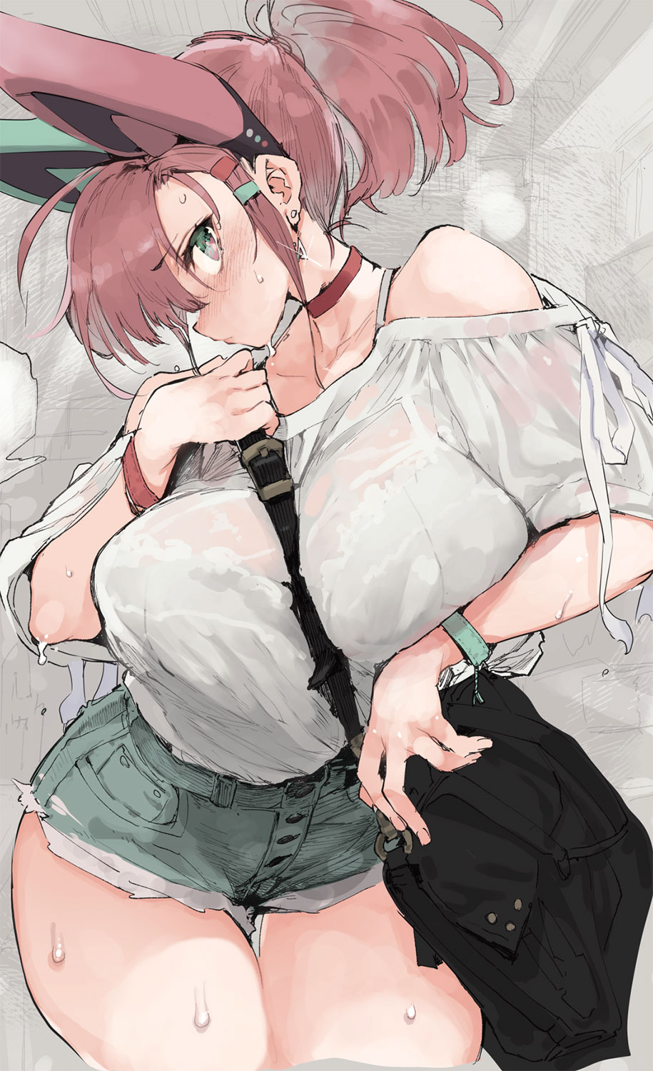 1girl animal_ears bag bangs bare_shoulders between_breasts blush bra bra_visible_through_clothes bracelet breasts choker closed_mouth denim denim_shorts earrings fake_animal_ears grey_background hair_ornament hairclip highres hyocorou jewelry kyouka_jinrui_amunero large_breasts looking_at_viewer myuka_(kyouka_jinrui_amunero) pink_hair ponytail red_choker see-through shirt short_shorts shorts shoulder_bag solo sparkle strap_between_breasts sweat underwear wet wet_clothes white_bra white_shirt
