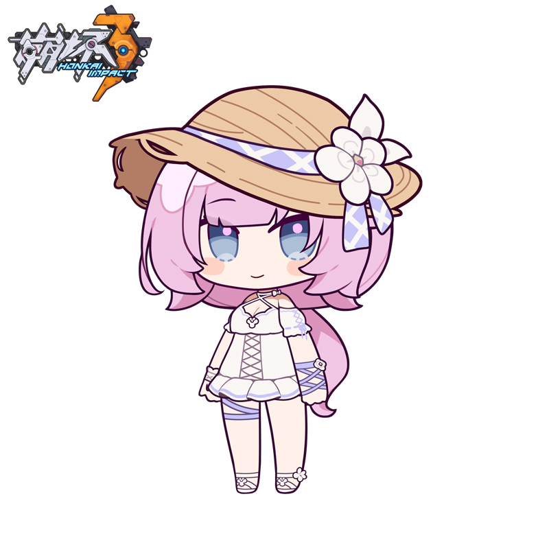 1girl bangs bare_shoulders blush_stickers breasts brown_headwear chibi cleavage closed_mouth copyright_name criss-cross_halter dress elysia_(honkai_impact) eta flower full_body halterneck hat hat_flower honkai_(series) honkai_impact_3rd looking_at_viewer low_ponytail pink_hair ponytail puffy_short_sleeves puffy_sleeves sandals short_sleeves simple_background small_breasts smile solo standing white_background white_dress white_flower white_footwear
