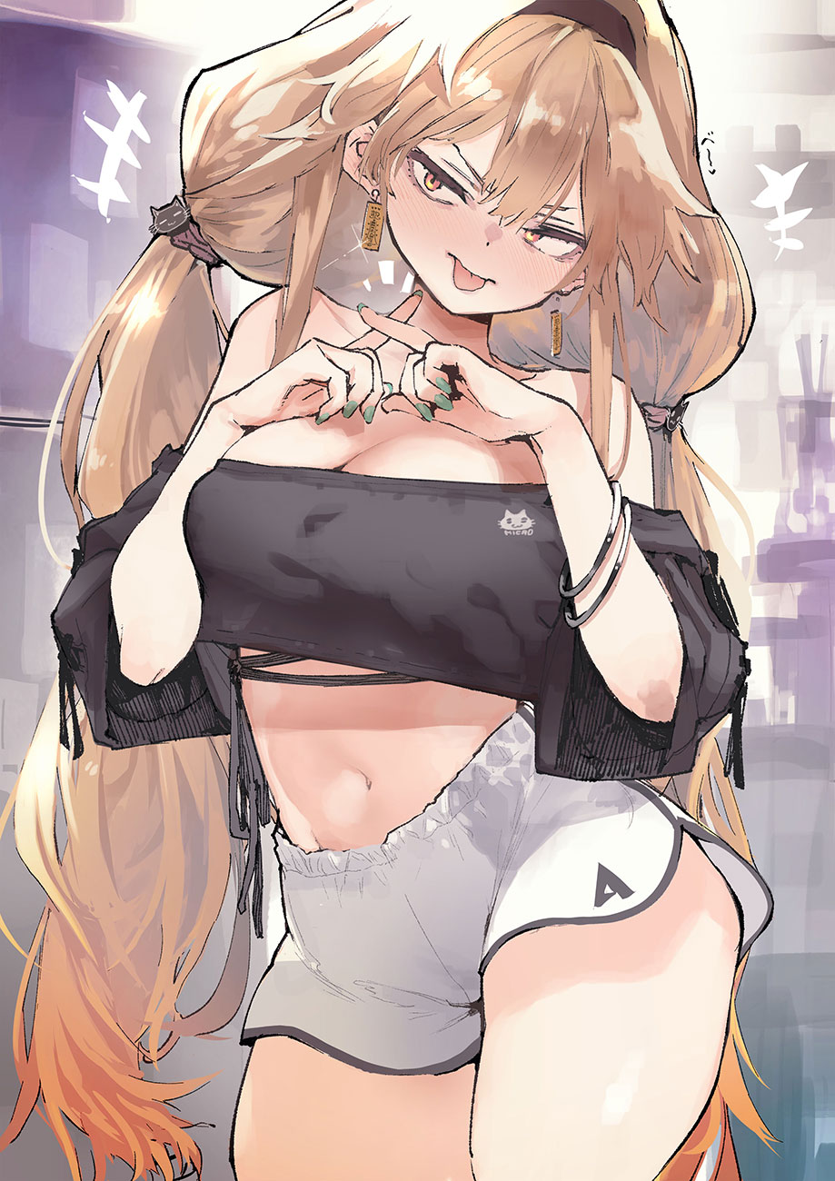 1girl amunero_(kyouka_jinrui_amunero) aqua_nails bangs blush breasts brown_hairband cat_hair_ornament cleavage commentary_request crop_top earrings gradient_hair hair_between_eyes hair_ornament hairband highres hyocorou jewelry kyouka_jinrui_amunero large_breasts light_brown_hair long_hair looking_at_viewer low_twintails midriff multicolored_hair nail_polish orange_eyes orange_hair short_shorts shorts simple_background solo tongue tongue_out twintails very_long_hair white_shorts x_fingers