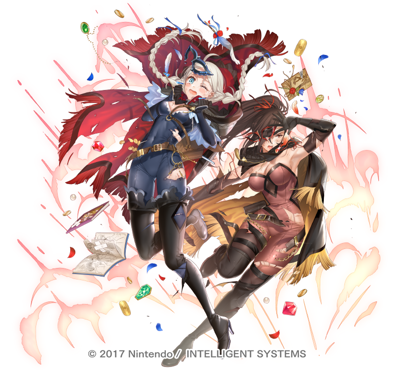 2girls ahoge ass_visible_through_thighs bangs blue_eyes bodysuit boots breasts broken_mask brown_hair cape chest_harness cleavage coin earrings envelope feathers fire_emblem fire_emblem_awakening fire_emblem_heroes gem_uniform_(houseki_no_kuni) gold_coin hair_over_one_eye hand_on_hip harness high_heel_boots high_heels holding holding_envelope hood hood_up hooded_cape jewelry kagero_(fire_emblem) kippu large_breasts latex latex_bodysuit leather leather_belt leather_boots leather_strap long_hair looking_at_viewer mask multiple_girls nina_(fire_emblem) official_alternate_costume official_art one_eye_closed open_mouth parted_bangs petals ponytail skin_tight smile thigh_boots tongue tongue_out torn_clothes white_hair