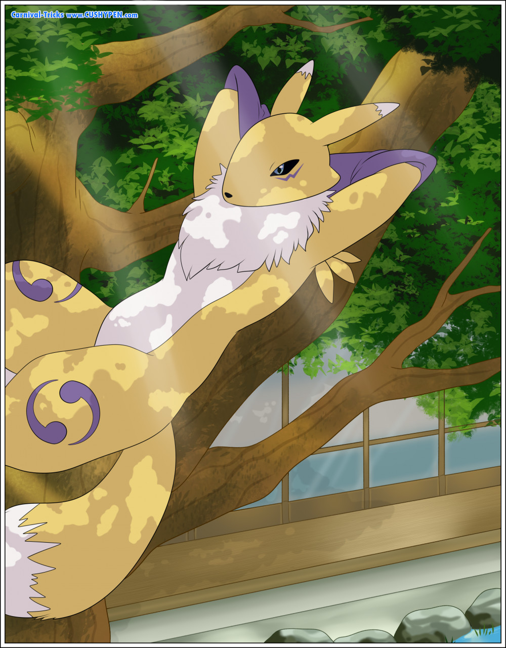 ambiguous_gender anthro bandai_namco carnival-tricks chest_tuft cushypen digimon digimon_(species) hands_behind_head hi_res light lying on_back plant relaxing renamon rock shadow solo sunlight tree tuft watermark windows_(disambiguation)