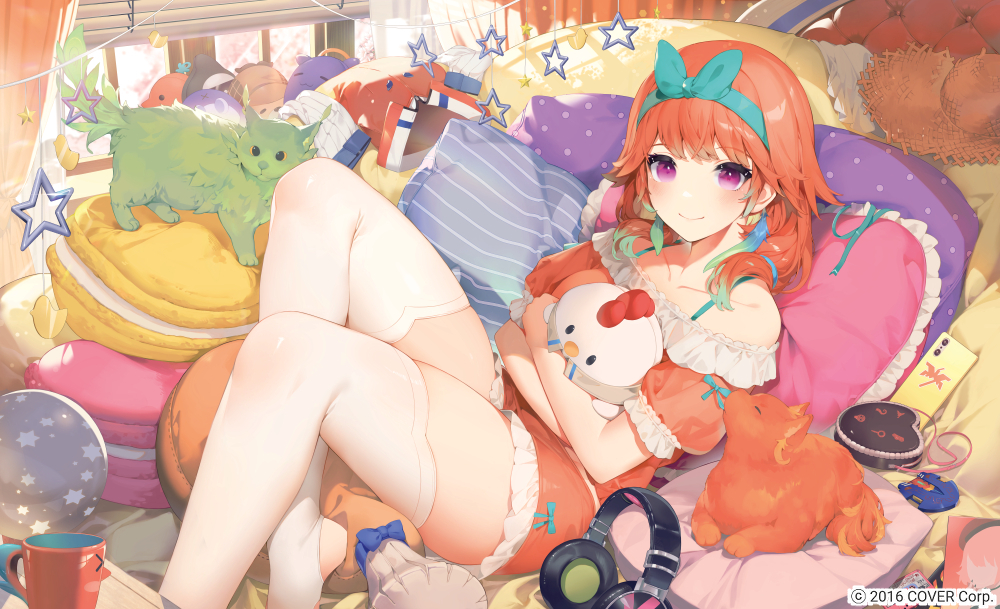 1girl akizone animal bangs bare_shoulders blush bow breasts cat collarbone cup doll_hug earrings frilled_pillow frills green_bow green_cat hair_bow hair_ornament hololive hololive_english indoors jewelry long_hair lying multicolored_hair object_hug on_back orange_hair phone pillow puffy_short_sleeves puffy_sleeves short_sleeves smile solo star_(symbol) star_print takanashi_kiara thighhighs virtual_youtuber white_thighhighs window