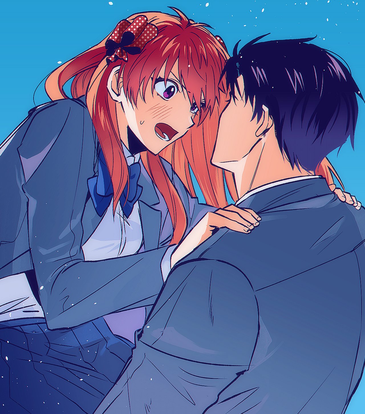 1boy 1girl black_hair blue_background blue_bow blue_jacket blue_shirt blue_skirt blush bow breasts commentary gekkan_shoujo_nozaki-kun hair_bow hands_on_another's_shoulders highres jacket long_hair long_sleeves looking_at_another nozaki_umetarou open_mouth orange_hair pleated_skirt polka_dot polka_dot_bow purple_eyes rouman_academy_uniform sakura_chiyo school_uniform shirt short_hair simple_background skirt wangcheolgab