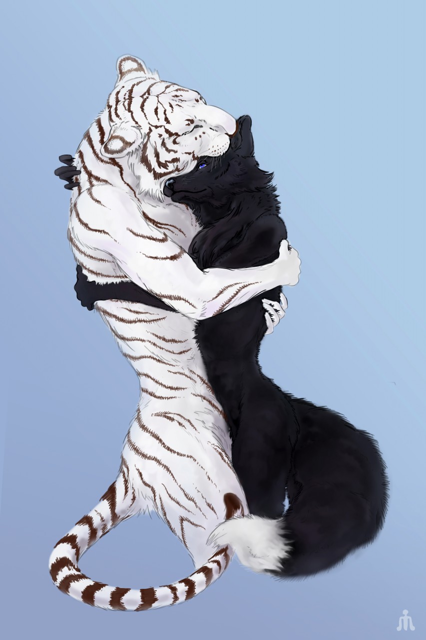 andante_nil_sen anthro canid canine embrace felid fox friends hi_res hug male male/male mammal pantherine red_fox silver_fox stripes tiger