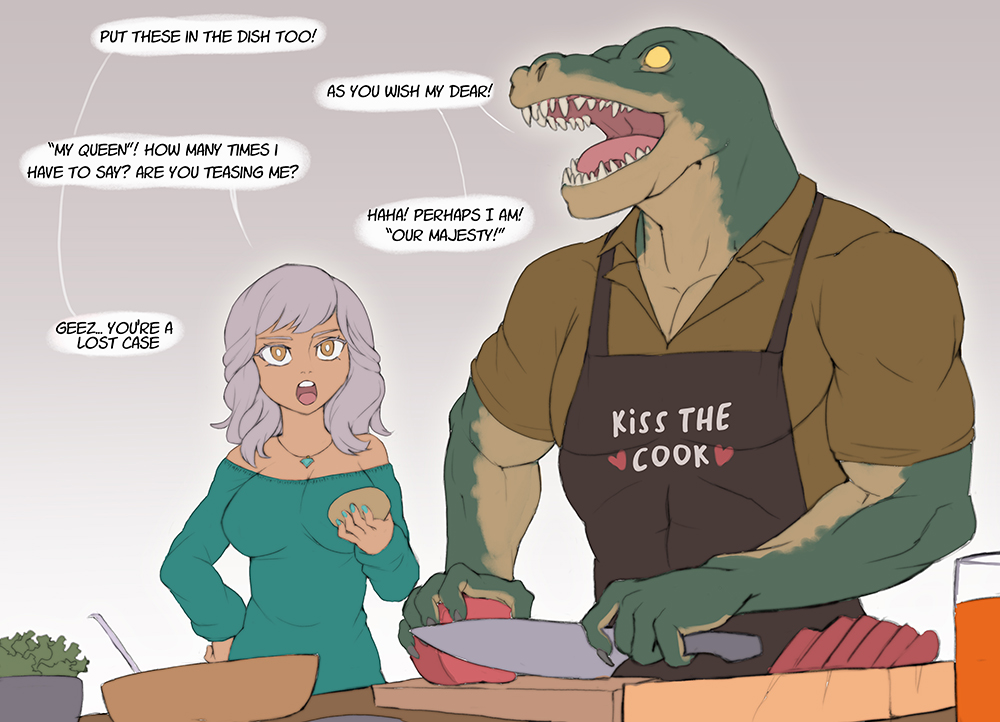 2022 anthro apron black_apron black_text breasts clothed clothing crocodile crocodilian crocodylid dialogue english_text eyebrows female food fully_clothed green_body green_scales grey_eyebrows grey_hair hair holding_knife holding_object human knife larger_anthro larger_male league_of_legends male mammal monotone_clothing monotone_hair monotone_topwear multicolored_body multicolored_scales open_mouth pink_tongue popcorn qiyana_(lol) rammionn renekton reptile riot_games scales scalie sharp_teeth shirt size_difference smaller_female smaller_human speech_bubble tan_body tan_skin teeth text tongue topless topwear two_tone_body two_tone_scales video_games