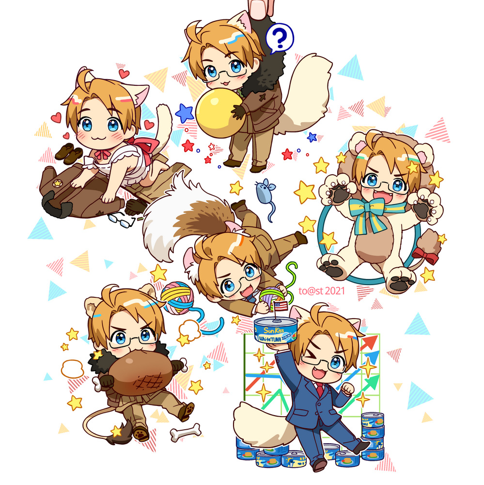 1boy :3 ? age_regression america_(hetalia) american_flag animal_costume artist_name axis_powers_hetalia ball blonde_hair blue_eyes bone bow bow_choker can cat_boy chibi eating food glasses heart holding holding_ball kemonomimi_mode lion_boy lion_costume littleb623 male_focus meat mini_flag multiple_persona official_alternate_costume paw_pose red_bow spoken_question_mark star_(symbol) stocks tuna yarn yarn_ball younger