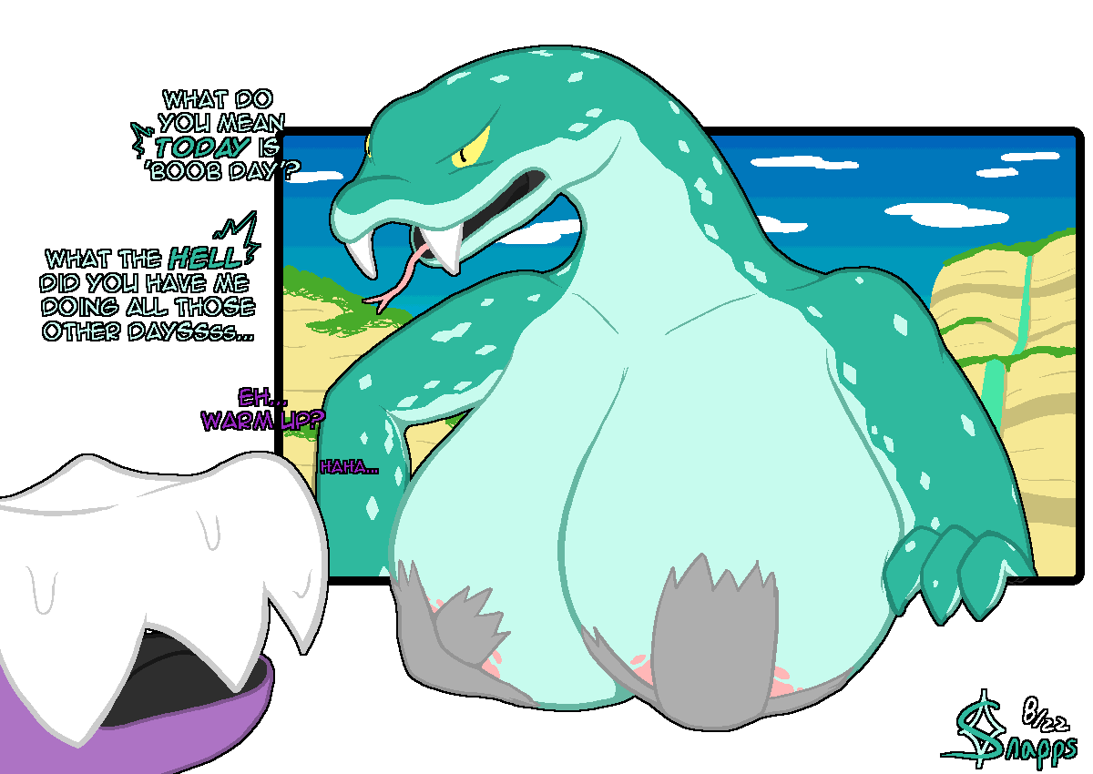 aliasing alpha_channel ambiguous_gender angry anthro big_breasts border breasts detailed_background dialogue digital_media_(artwork) duo english_text fangs female huge_breasts kobold nipple_tape pasties reptile savak scalie signature snake snapps tape teal_body text