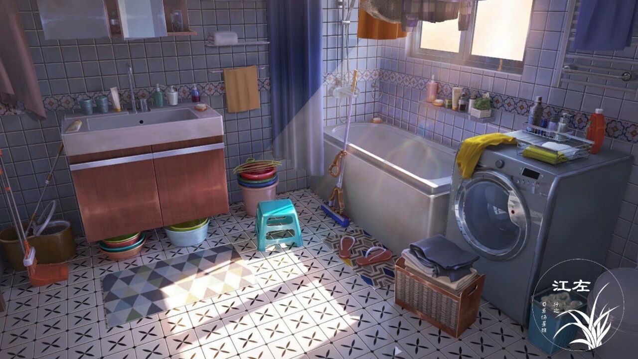 basket bathtub bottle bucket chinese_commentary commentary_request cosmetics curtains detergent faucet flip-flops indoors laundry laundry_basket light_rays lotion_bottle no_humans original rug sandals scenery shadow shampoo_bottle shelf shower_(place) shower_curtain sink soap_bottle sunlight tile_floor tile_wall tiles toilet towel trash_can washing_machine window xingzhi_lv