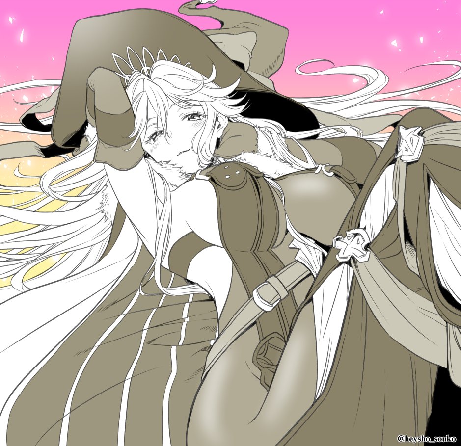 1girl arm_up bangs belt blush breasts cape dress elbow_gloves gloves gradient gradient_background granblue_fantasy greyscale greyscale_with_colored_background hand_in_own_hair hat heysho_souko large_breasts long_hair looking_at_viewer lying magisa_(granblue_fantasy) monochrome on_back sideboob sleeveless sleeveless_dress solo twitter_username witch_hat