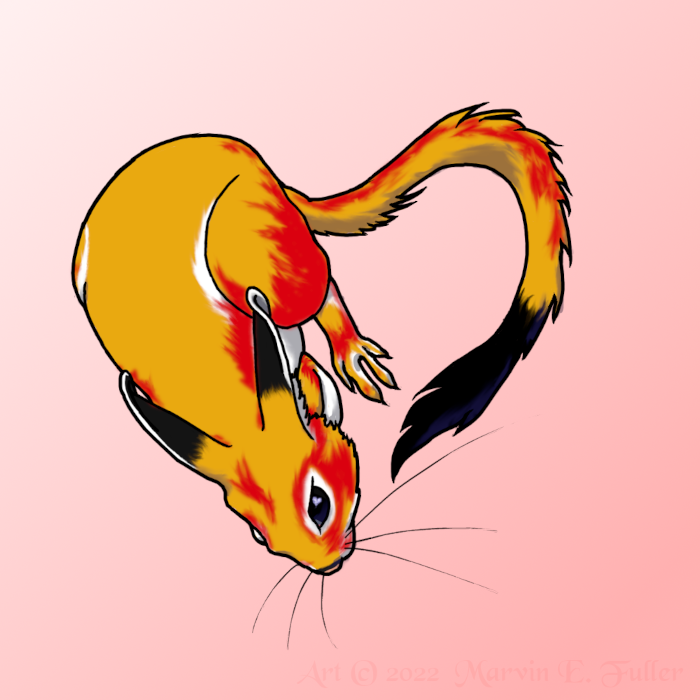 &lt;3 2022 ambiguous_gender black_body black_eyes black_fur claws cybercorn_entropic feral fluorescence fluorescent_fur fur holidays mammal orange_body orange_fur pink_background rodent simple_background solo springhare valentine's_day whiskers white_body white_fur