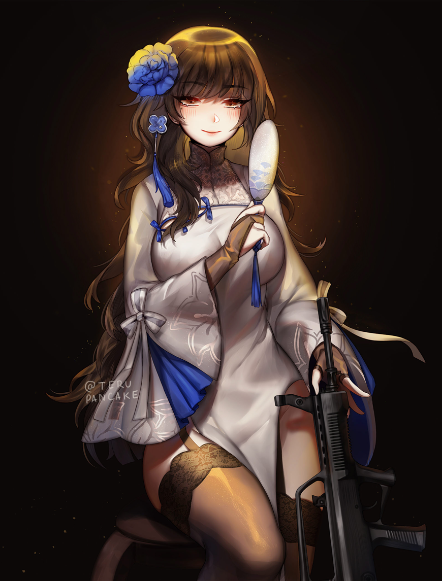 1girl alternate_costume alternate_hairstyle assault_rifle bangs black_gloves black_hair black_legwear blue_flower blush breasts bridal_gauntlets bullpup china_dress chinese_clothes commentary cowboy_shot dark_background dress english_commentary eyebrows_visible_through_hair fan flower full_body garter_straps girls_frontline gloves gun hair_flower hair_ornament hairband holding holding_fan large_breasts long_hair long_sleeves looking_at_viewer paper_fan pelvic_curtain qbz-95 qbz-95_(girls_frontline) ribbon rifle single_sidelock sitting smile solo terupancake thighhighs twitter_username uchiwa very_long_hair wavy_hair weapon white_dress white_ribbon white_sleeves wide_sleeves yellow_eyes